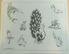 Vintage RARE 1980 Spaulding & Rogers Tattoo Flash Sheet #532 Peacock Rose Bunny picture