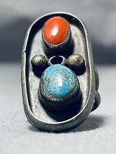 WIDE OLD PATINA VINTAGE NAVAJO TURQUOISE CORAL STERLING SILVER RING picture
