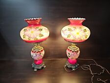 Pair Of 2 VTG Hand Painted Gone With The Wind Floral 3-Way Hurricane Lamps  picture