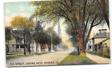 Illinois-Aurora-Fox Street Looking West-Homes-Church-Antique Postcard picture