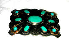 Vintage Nickel Silver Turquoise Signed Bell Belt Buckle Horse Shoe Lucky  picture