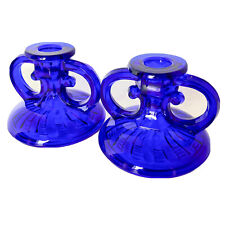 Cobalt Blue Candlestick Pair Pressed Glass Vintage Hexagon Ribbed 4 Inch Base picture