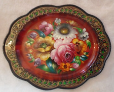 Russian Enamel Plate Signed by Artist Zhostovo Hand Painted Floral Bouquet picture