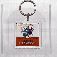 Vintage Smurfs 1982 Acrylic Cartoon KeyChain I Live For Weekends W.B. Co picture