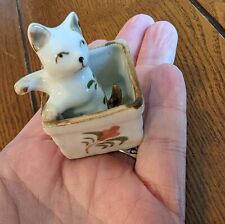 Vtg Porcelain White Cat Kitten In Basket Hand Painted Flowers MINIATURE Figurine picture