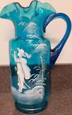 Antique Blown Victorian MARY GREGORY Ruffled Blue Glass Pitcher Hand Painted picture