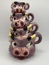 Vtg Thames Ceramic Hand painted Purple Smiling Cow Measuring Cups Complete Set picture