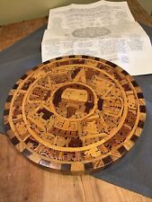 Vtg. 1970's Aztec Calendar Cuauhxicalli Stone of the Sun Wood inlaid 8in w Paper picture