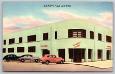Linen Postcard Sandpiper Hotel Jacksonville Beach Florida Bath House Cars A3 picture