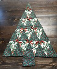 Vintage Handmade Quilted Christmas Tree Wall Hanging W/Jingle Bells Ribbons  picture
