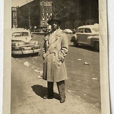 Vintage B&W Snapshot Photograph Handsome Black African American Man Coat Fedora picture