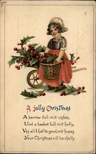 Christmas poem ~ Dutch girl holly wheelbarrow ~ c1910 Marvel Hibler Hubbard OH picture