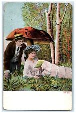 c1910's Mushroom Toadstool Fantasy Sweet Couple Romance Reading Book Postcard picture