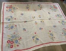 Vintage Antique Rectangle Tablecloth, Cotton, Printed Flower Design, White As Is picture