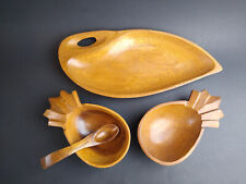 Vintage Wood Bowl Set Pod and Pineapple Shape w Spoon Phillipines MCM Alii Woods picture