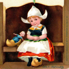 c1910 Embossed Christmas Ellen Clapsaddle Postcard Cute Dutch Girl With Clogs picture