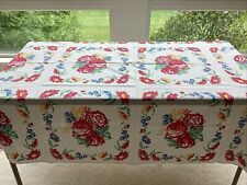 VTG 50’s FLOWER COVERED TABLECLOTH PRIMARY COLORS RED BLUE YELLOW GREEN 55”X 63” picture