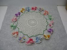 Vintage Handmade Crochet Pansy Doily 10 1/2” D  Off White Starched Multicolor picture