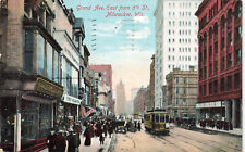 BUSY GRAND AVE MILWAUKEE WI VINTAGE POSTCARD 1910 STREETCAR SHOPPERS 110123 S picture