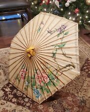 Vintage Chinese Parasol Umbrella Hand Painted Flowers Oil Rice Paper Bamboo 3Ft picture