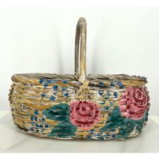 Decorative Hand Painted Rustic Basket With Handle Floral Roses picture