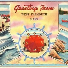 c1940s West Falmouth, MA Greetings Beach Women Linen Postcard Tichnor Bros A114 picture