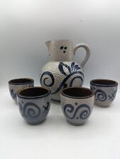 Scheurich Keramik 418 Jug & Four Cup Set MCM Lava Texture W. Germany Cobalt Blue picture
