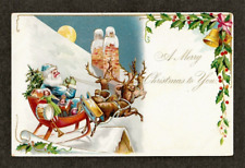 Undivided Back TUCK'S SANTA Blue Robe Flys Over Rooftop, TOYS, Antique Postcard picture