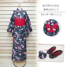 Japanese Yukata Kimon Womens Yukata 4 Piece Set Black Red Floral New picture