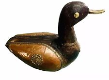 Vintage Asian Duck Bird Hand Carved Wood Statue Brass / Copper Ornament Decoy picture