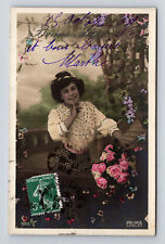 RPPC French Portrait of Beautiful Woman Flowers PRIMA Hand Colored Postcard picture