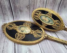 Vintage Gold Gilded French Handheld Mirror & Brush, Painted Portrait Vanity Set picture