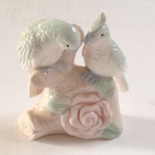 Porcelain Two Bird Figurine Glazed Perch On  A Branch Pastel Color Pink Floral picture