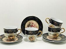 Vintage Italian Design Cobalt Blue Victorian Gold Trim Set for 4 Tea Cup Saucer picture