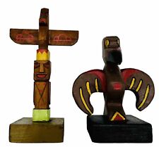 Vintage Two Indian Native American Totem Pole & Thunderbird Painted Carved Wood picture