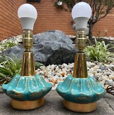 Vintage 1950s Turquoise Gold Atomic Floral Ceramic Lamps Mid Century Modern MCM picture