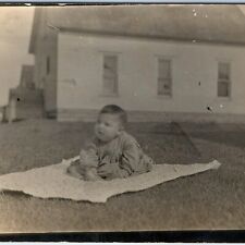 c1910s Cute Baby Outdoors RPPC Blanket House Yard Play Real Photo Postcard A173 picture