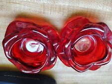 Rare Vintage Red Art Glass Rose Shaped Votive Tea Light Holder Pair picture
