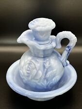 Avon Victoriana Blue Marble Milk Glass Pitcher & Bowl Decanter Soap Set May 1978 picture