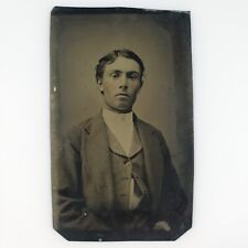 Handsome Young Man Sitter Tintype c1870 Antique 1/6 Plate Suit Boy Photo A4059 picture