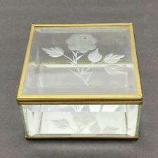 VTG Beveled Glass Trinket Jewelry Box Gold Tone Trim Square Etched Floral Rose picture