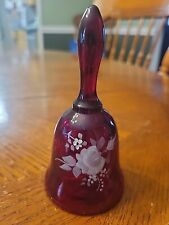 Fenton Art Glass Ruby Red Bell w/ Clapper Hand Painted Flowers Signed picture