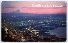 AERIAL VIEW SEATTLE AND MOUNT RAINIER WASHINGTON STATE VTG POSTCARD picture