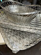 SET OF 3 VTG. HEAVY SILVER PLATE WOVEN METAL WIRE TRAY/SERVING BASKETS picture