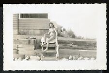 Vintage Photo CURVY WOMAN IN SWIMSUIT SITS ON WOOD LADDER SEASIDE SHORE c1940s picture