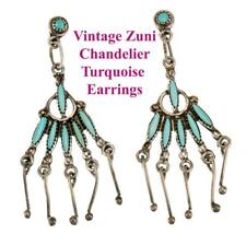 Vintage ZUNI Turquoise Earrings Chandelier Needlepoint Sterling Silver  Dangles picture