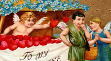 Vintage 1900's Valentine Postcard Fantasy Cupid Handing Out Valentine Hearts picture