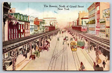 A850 The Bowery North Of Grand Street Trolly Horses Wagons Stores Vtg Postcard picture