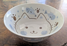 Mino Yaki Japan Rice Noodle Bowl With Cat And Fish Blue Brown 5.75