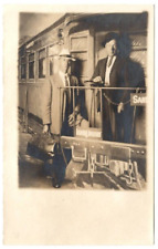 RPPC: LEAVING DENVER BY TRAIN real photograph postcard COLORADO, RAILROAD Men picture